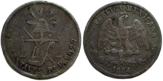 Mexico 50 Centavos 1884 Pi H 
 Mexico 50 Centavos 1884 Pi H Silver KM#407.7 San...