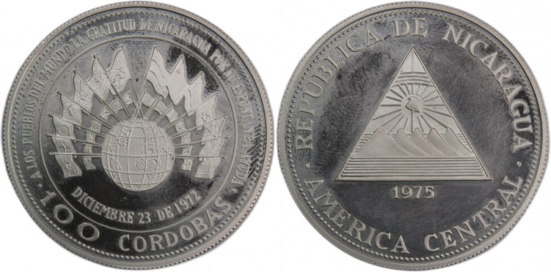 Nicaragua 100 Cordobas 1975 
 Nicaragua 100 Cordobas 1975 Silver KM#36 Earthqua...