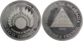 Nicaragua 100 Cordobas 1975 
 Nicaragua 100 Cordobas 1975 Silver KM#36 Earthquake Relief Issue Mintage:3500 Pcs 
Grade: PROOF