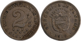 Panama 2 1/2 Centesimos 1916 
 Panama 2 1/2 Centesimos 1916 Panama 2 1/2 Centesimos 1916 Philadelphia Mint Copper-nickel KM#7.2

Grade: XF+