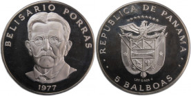 Panama 5 Balboas 1977 
 Panama 5 Balboas 1977 Silver&nbsp; KM#40.1a Mintage:9548 Pcs Belisario Porras 
Grade: PROOF