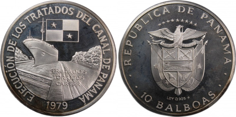 Panama 10 Balboas 1979 
 Panama 10 Balboas 1979 Silver KM#59 Panama Canal Treat...