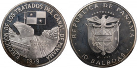 Panama 10 Balboas 1979 
 Panama 10 Balboas 1979 Silver KM#59 Panama Canal Treaty Implementation Mintage:7229 Pcs 

Grade: PROOF