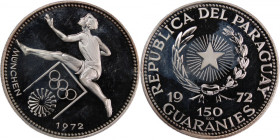 Paraguay 150 Guaranes 1972 
 Paraguay 150 Guaranes 1972 Silver KM#35 Munich Olimpics Mintage:10000 Pcs 
Grade: PROOF