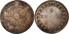 Peru Cuzco 2 Reales 1837 BA 
 Peru Cuzco 2 Reales 1837 BA Silver KM#169.1 

Grade: VF