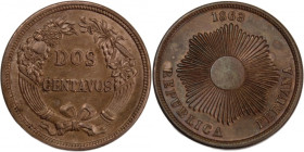 Peru 2 Centavos 1863 
 Peru 2 Centavos 1863 Copper-Nickel KM#188 
Grade: UNC