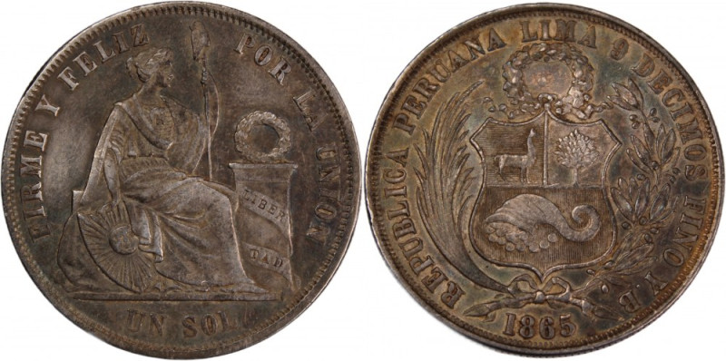 Peru 1 Sol 1865 YB 
 Peru 1 Sol 1865 YB Peru 1 Sol 1865 Type I Lima Mint Silver...