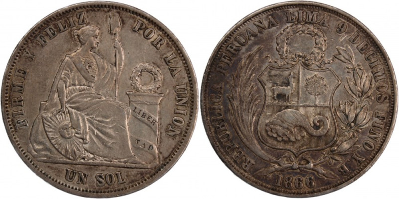 Peru 1 Sol 1866 YB 
 Peru 1 Sol 1866 YB Silver KM#196&nbsp;

Grade: XF