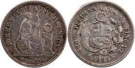 Peru 1/5 Sol 1869 YB 
 Peru 1/5 Sol 1869 YB Silver KM#191 Mint Luster/Overdate 
Grade: XF+