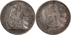 Peru 1 Sol 1874 YJ 
 Peru 1 Sol 1874 YJ Peru 1 Sol 1874 YJ Lima Mint Republic Silver KM#196.3 (Type II)

Grade: XF+