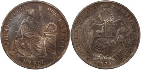 Peru 1 Sol 1874 YJ 
 Peru 1 Sol 1874 YJ Silver KM#196.3 
Grade: XF