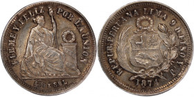 Peru 1/5 Sol 1874 YJ 
 Peru 1/5 Sol 1874 YJ Peru 1/5 Sol 1874 YJ Silver KM#191

Grade: UNC
