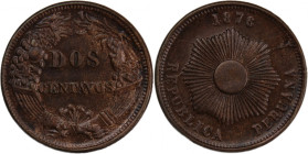 Peru 2 Centavos 1876 
 Peru 2 Centavos 1876 Copper-Nickel KM#1876&nbsp; 
Grade: UNC