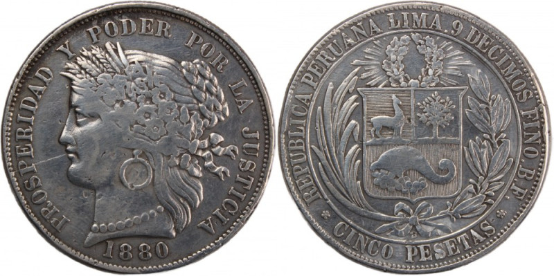 Peru 5 Pesetas 1880 
 Peru 5 Pesetas 1880 Silver KM#201.1

Grade: VF