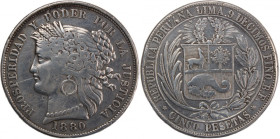 Peru 5 Pesetas 1880 
 Peru 5 Pesetas 1880 Silver KM#201.1

Grade: VF