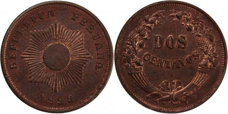 Peru 2 Centavos 1933 
 Peru 2 Centavos 1933 Copper/Bronze KM#212.1 
Grade: UNC