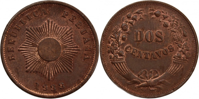 Peru 2 Centavos 1933 
 Peru 2 Centavos 1933 Copper/Bronze KM#212.1

Grade: UN...