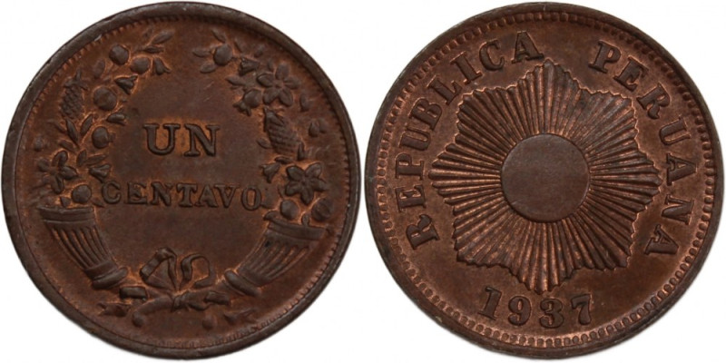 Peru 1 Centavo 1937 
 Peru 1 Centavo 1937 Bronze KM#208.1&nbsp; 
Grade: UNC