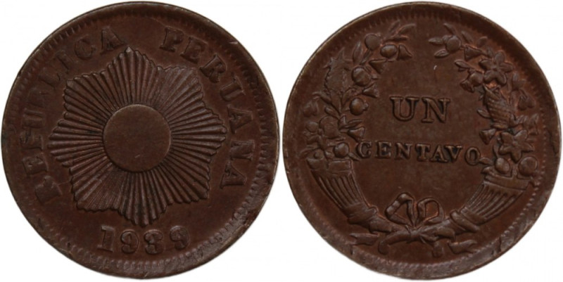 Peru 1 Centavo 1939 
 Peru 1 Centavo 1939 Bronze KM#208.2 
Grade: UNC