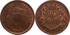 Peru 2 Centavos 1945 
 Peru 2 Centavos 1945 Copper/Bronze KM#212.2&nbsp; 
Grade: UNC