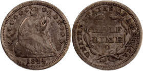 USA 5 Cents (1/2 Dime) 1844 O 
 USA 5 Cents (1/2 Dime) 1844 O Silver New Orleans KM#Y62.2 Seated Liberty 
Grade: XF
