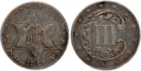 USA 3 Cents 1855 
 USA 3 Cents 1855 United States 3 Cents 1855&nbsp;type 2 - two lines bordering star Philadelphia Mint Mintage: 139,000 pcs Silver K...