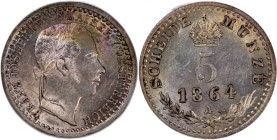 Austria 5 Kreuzer 1864 A 
 Austria 5 Kreuzer 1864 A &nbsp; Silver&nbsp; KM#2197 Ferdinand I&nbsp;&nbsp; 
Grade: UNC