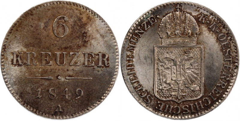 Austria 6 Kreuzer 1849 A 
 Austria 6 Kreuzer 1849 A Silver KM#2200&nbsp; Franz ...