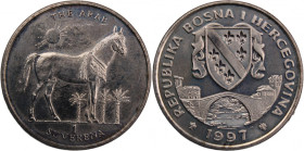 Bosnia-Herzegovina Suverena 1996 
 Bosnia-Herzegovina Suverena 1996 Copper-Nickel KM#74&nbsp; Hanoverian Stallion 
Grade: UNC