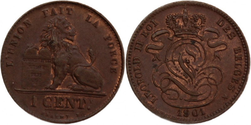 Belgium 1 Centime 1901/801 
 Belgium 1 Centime 1901/801 Copper KM#33.1 Leopold ...