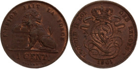 Belgium 1 Centime 1901/801 
 Belgium 1 Centime 1901/801 Copper KM#33.1 Leopold II Over-Date 
Grade: UNC
