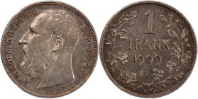 Belgium 1 Franc 1909 
 Belgium 1 Franc 1909 Silver KM#57.2 Leopold II 
Grade: AU
