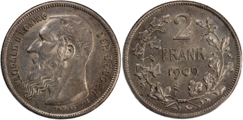 Belgium 2 Francs 1909 
 Belgium 2 Francs 1909 Leopold II Silver KM#58

Grade:...