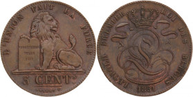 Belgium 5 Centimes 1851 
 Belgium 5 Centimes 1851 Copper KM#5.1 Leopold I 
Grade: UNC