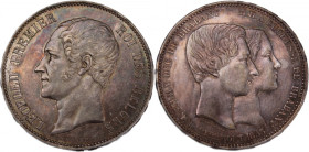 Belgium 5 Francs 1853 
 Belgium 5 Francs 1853 Silver KM#MX2.1&nbsp; &nbsp; Léopold I&nbsp; / &nbsp; Wedding of the Dukes of Bravante 
Grade: AU