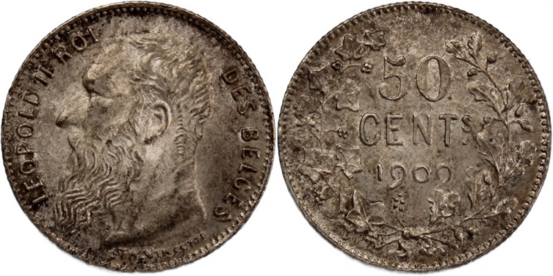 Belgium 50 Centimes 1909 
 Belgium 50 Centimes 1909 Silver KM#60.1 Leopold II D...