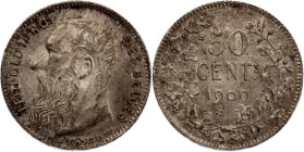 Belgium 50 Centimes 1909 
 Belgium 50 Centimes 1909 Silver KM#60.1 Leopold II Des Belges 
Grade: UNC