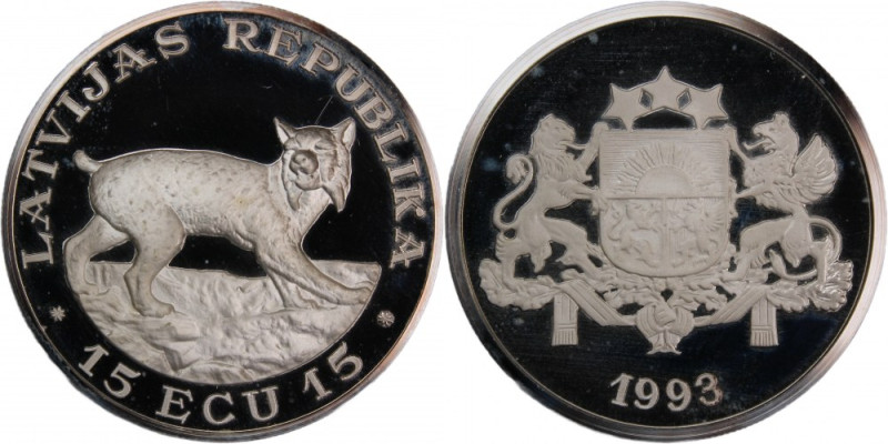 Latvia 15 Ecu 1993 
 Latvia 15 Ecu 1993 Silver 31.66 Gm KM# X11 Rare Lynx 

...