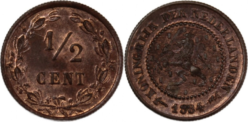 Netherlands 1/2 Cent 1884 
 Netherlands 1/2 Cent 1884 Bronze KM#109 
Grade: UN...