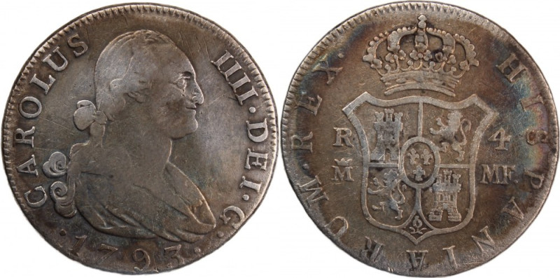 Spain 4 Reales 1793 MF 
 Spain 4 Reales 1793 MF &nbsp;Charles IV Silver KM#431....