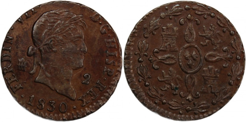 Spain 2 Maravedis 1830 
 Spain 2 Maravedis 1830 Copper KM#487.1 Ferddinand VII ...