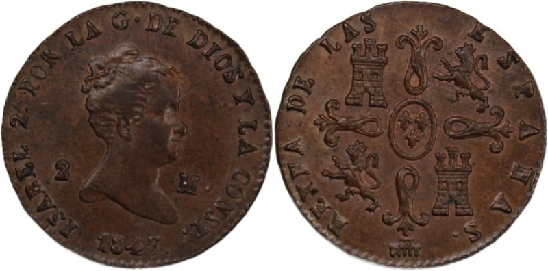 Spain 2 Maravedis 1847 
 Spain 2 Maravedis 1847 Copper KM#532.4&nbsp; Isabel II...