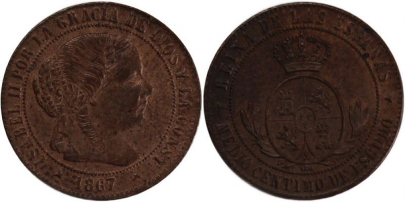 Spain 1/2 Centimo 1867 OM 
 Spain 1/2 Centimo 1867 OM Copper KM#632.4 Isabel II...