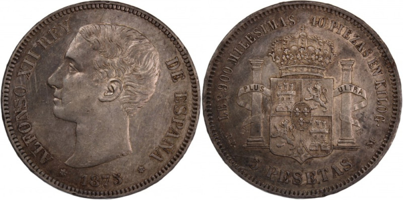 Spain 5 Pesetas 1875 DEM 
 Spain 5 Pesetas 1875 DEM &nbsp;Alfonso XII Silver KM...