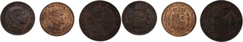 Spain 1878-1879 (Lot of 3 Coins) 
 Spain 1878-1879 (Lot of 3 Coins) Copper/ 5 C...