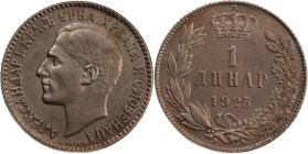 Yugoslavia 1 Dinar 1925 P 
 Yugoslavia 1 Dinar 1925 P Yugoslavia 1 Dinar 1925 Poissy Mint Alexander I Copper-nickel KM#5

Grade: UNC