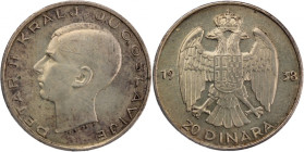 Yugoslavia 20 Dinara 1938 
 Yugoslavia 20 Dinara 1938 Silver KM#23 Petar II 
Grade: UNC