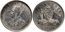 Australia 3 Pence 1914 
 Australia 3 Pence 1914 Australia 3 Pence 1914 London Mint George V Silver KM#24

Grade: XF+