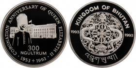 Bhutan 300 Ngultrum 1993 
 Bhutan 300 Ngultrum 1993 Silver KM#66 Mintage:10000 Pcs 40th Anniversary-Coronation of Qeen Elithabeth II 
Grade: PROOF