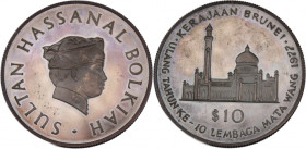 Brunei 10 Dollars 1977 
 Brunei 10 Dollars 1977 Silver KM#21 10th Anniversary of Brunei Currency Board Mintage:10000 Pcs 
Grade: PROOF